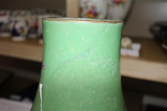 A large 19th century Chinese green ground double gourd phoenix vase, H 57.5cm (restored)